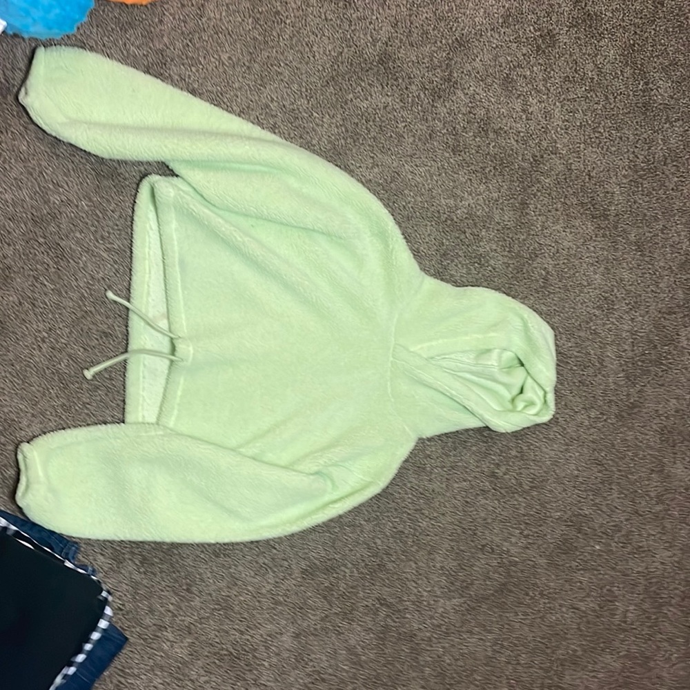 cropped neon yellow fluffy hoodie, drawstrings in front